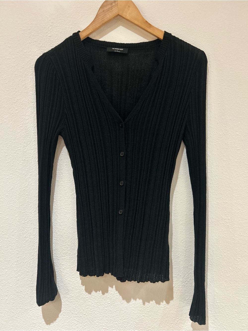The Workshop Black Ribbed V-Neck Cardigan Sheer Large